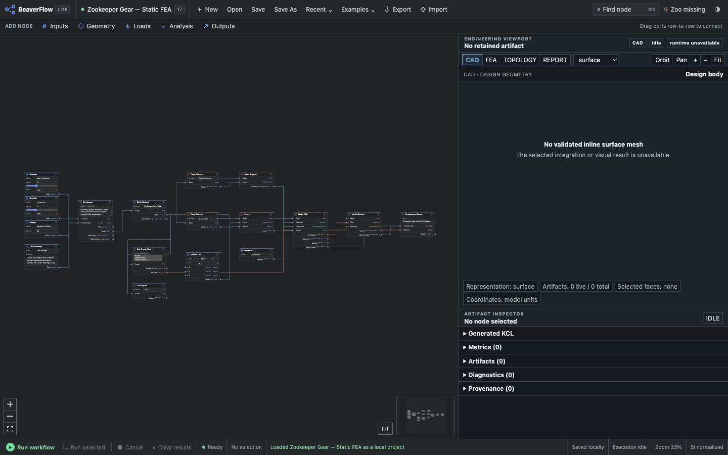 BeaverFlow interface showing a connected static FEA workflow and engineering viewport